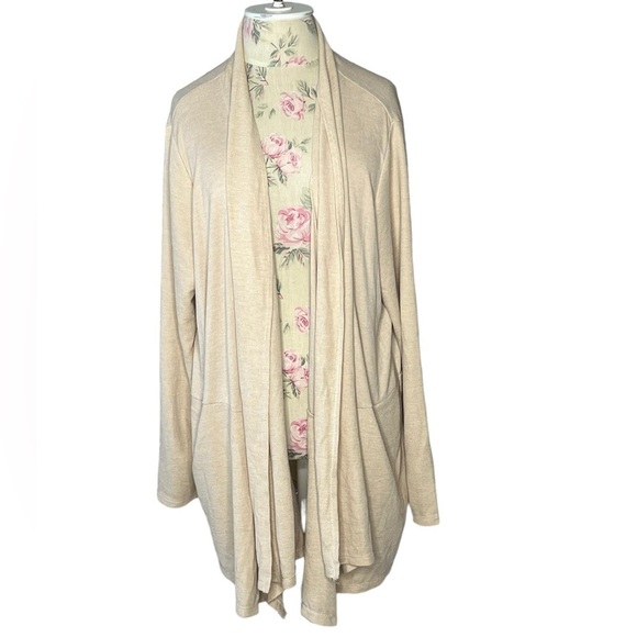 LOGO Lounge Duster Cardigan long length, beige, plus size, cozy travel size 2X - Picture 1 of 16